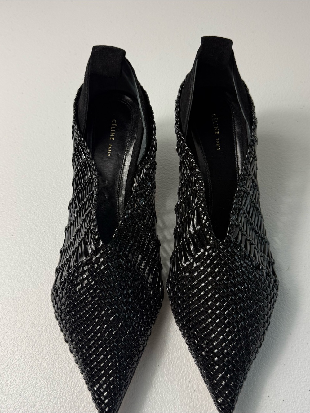 CELINE Black Woven Pointed-Toe Slingback Flats